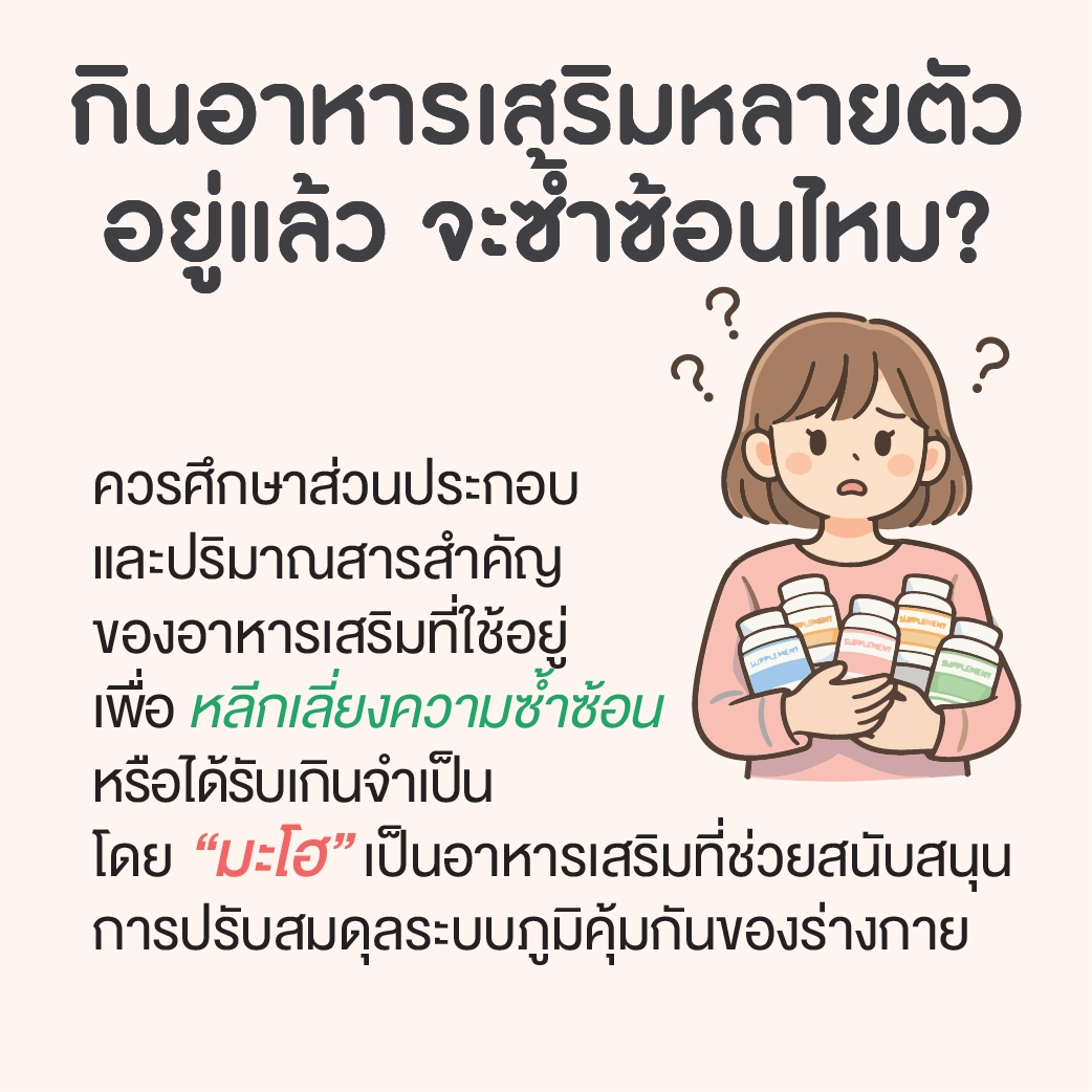 อินโฟกราฟิกคำถามเกี่ยวกับการรับประทานมะโฮร่วมกับอาหารเสริมอื่น