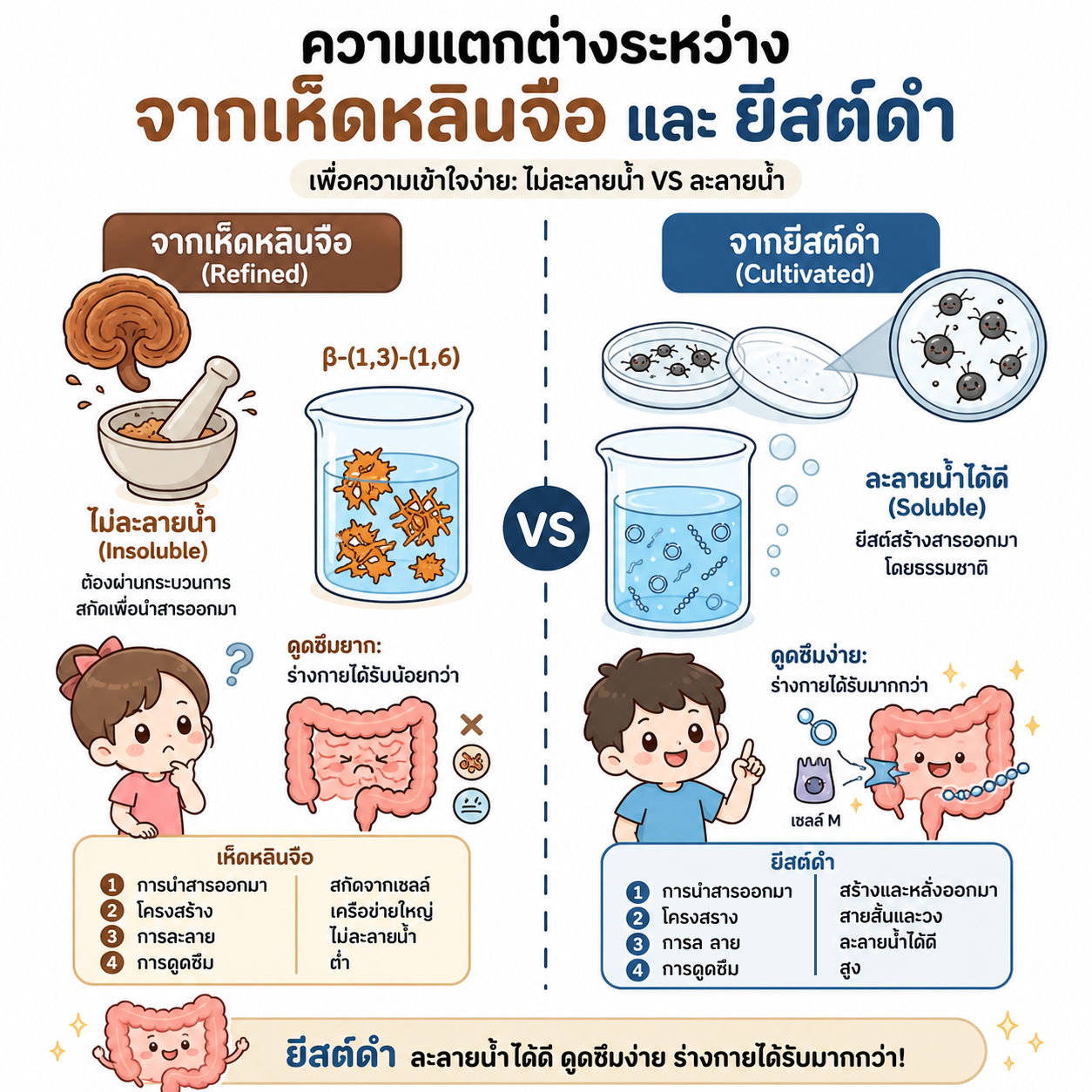 อินโฟกราฟิกเปรียบเทียบแหล่งเบต้ากลูแคนจากเห็ดหลินจือและยีสต์ดำ